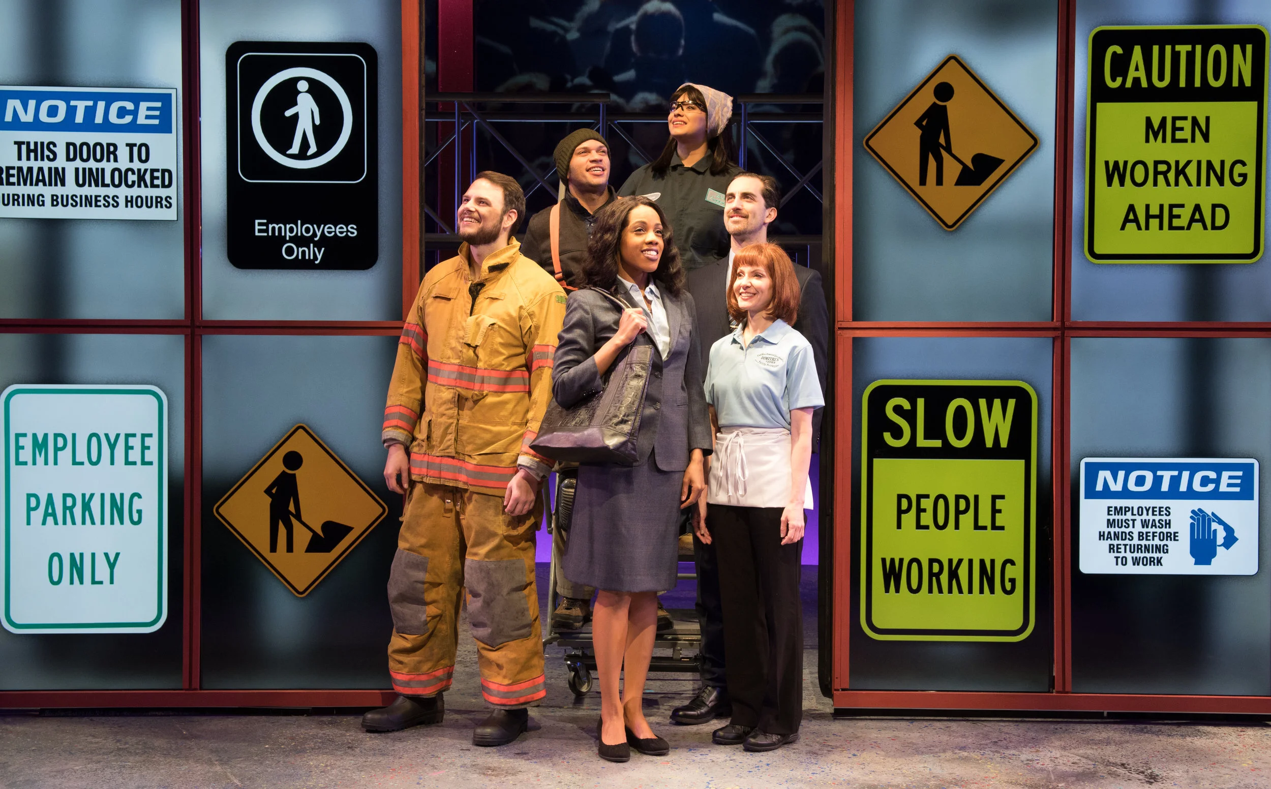 The cast of Working at ACT, directed by Daniel C. Levine: front row: Brad Greer, Zuri Washington, Laura Woyasz; second row: André Jordan, Monica Ramirez, Cooper Grodin (photos by Jeff Butchen)