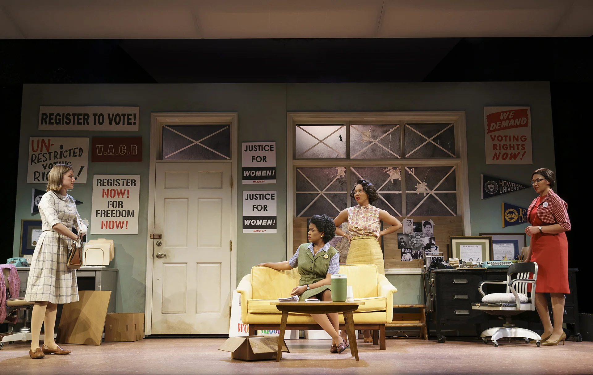 Sarah (Brontë England-Nelson), Dee (Ashley Bryant), Abby (Dria Brown), Rachel (Chalia La Tour) in the Yale Repertory Theatre production of Cadillac Crew, directed by Jesse Rasmussen and Tori Sampson (photo by Joan Marcus)