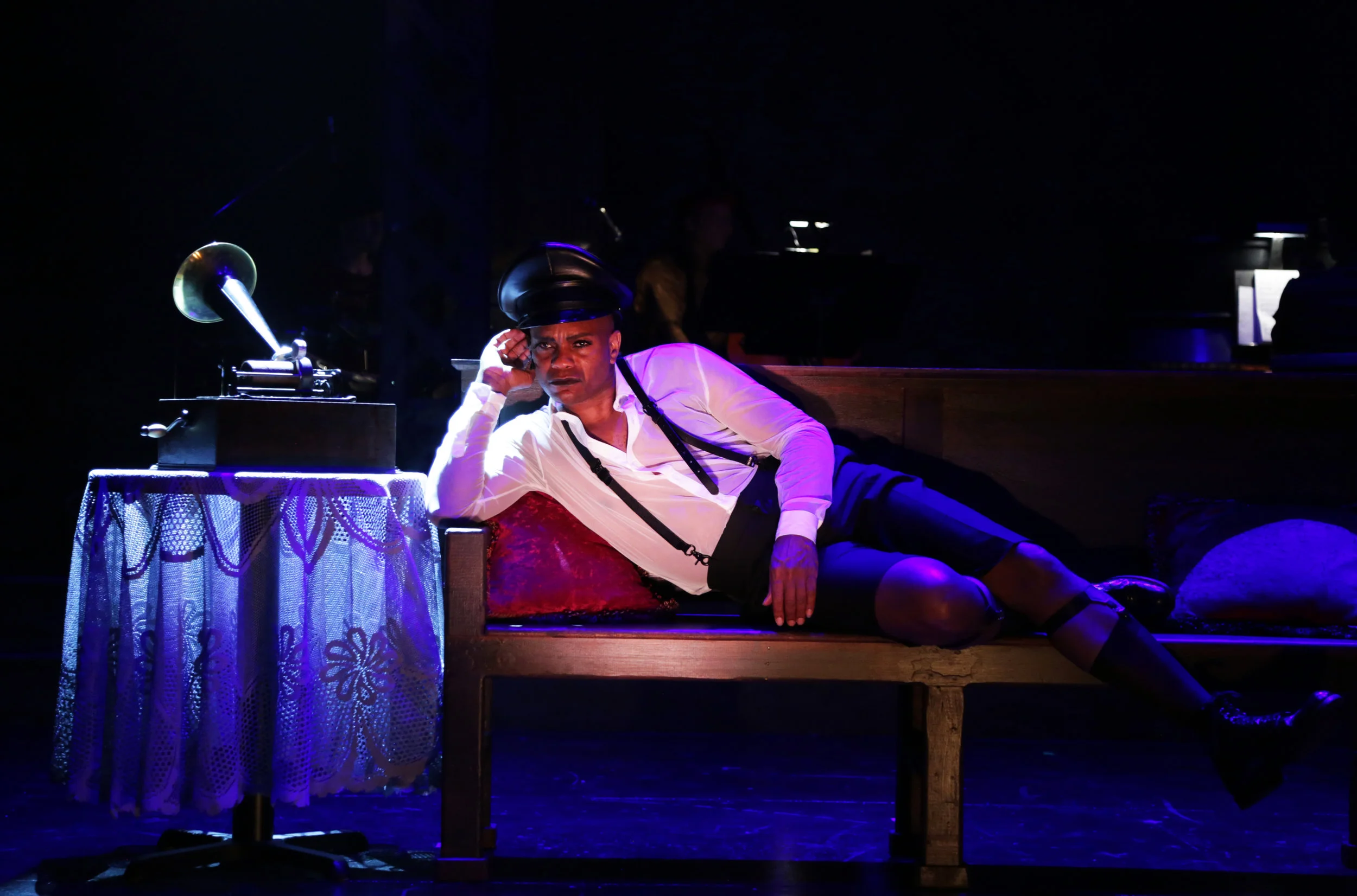 The Emcee (Forrest McClendon) in the Connecticut Repertory Theatre production of Cabaret, directed by Scott LeFeber (photos by Gerry Goodstein)