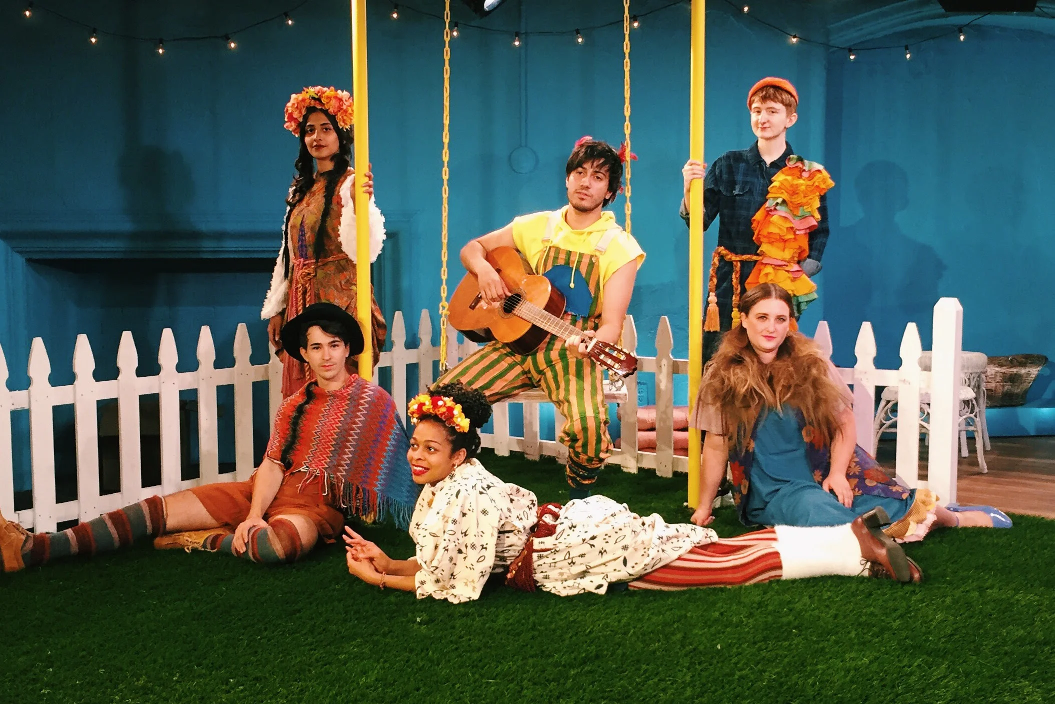 The Cast of The Swallow and the Tomcat (front: Julian Sanchez, Adrienne Wells, Zoe Mann; rear: Anula Navlekar, Dario Ladani Sanchez, Reed Northrup); Set: Elsa GibsonBraden; Costumes: Stephanie Bahniuk; Lighting: Evan Anderson
