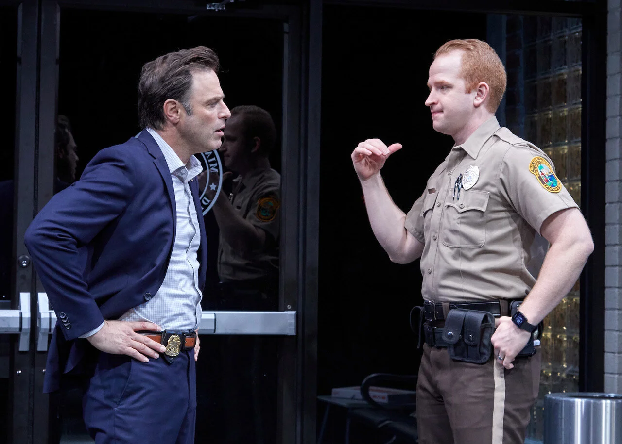 Scott Connor (J Anthony Crane), Officer Paul Larkin (John Ford-Dunker) in American Son , TheaterWorks (photo by Lanny Nagler)