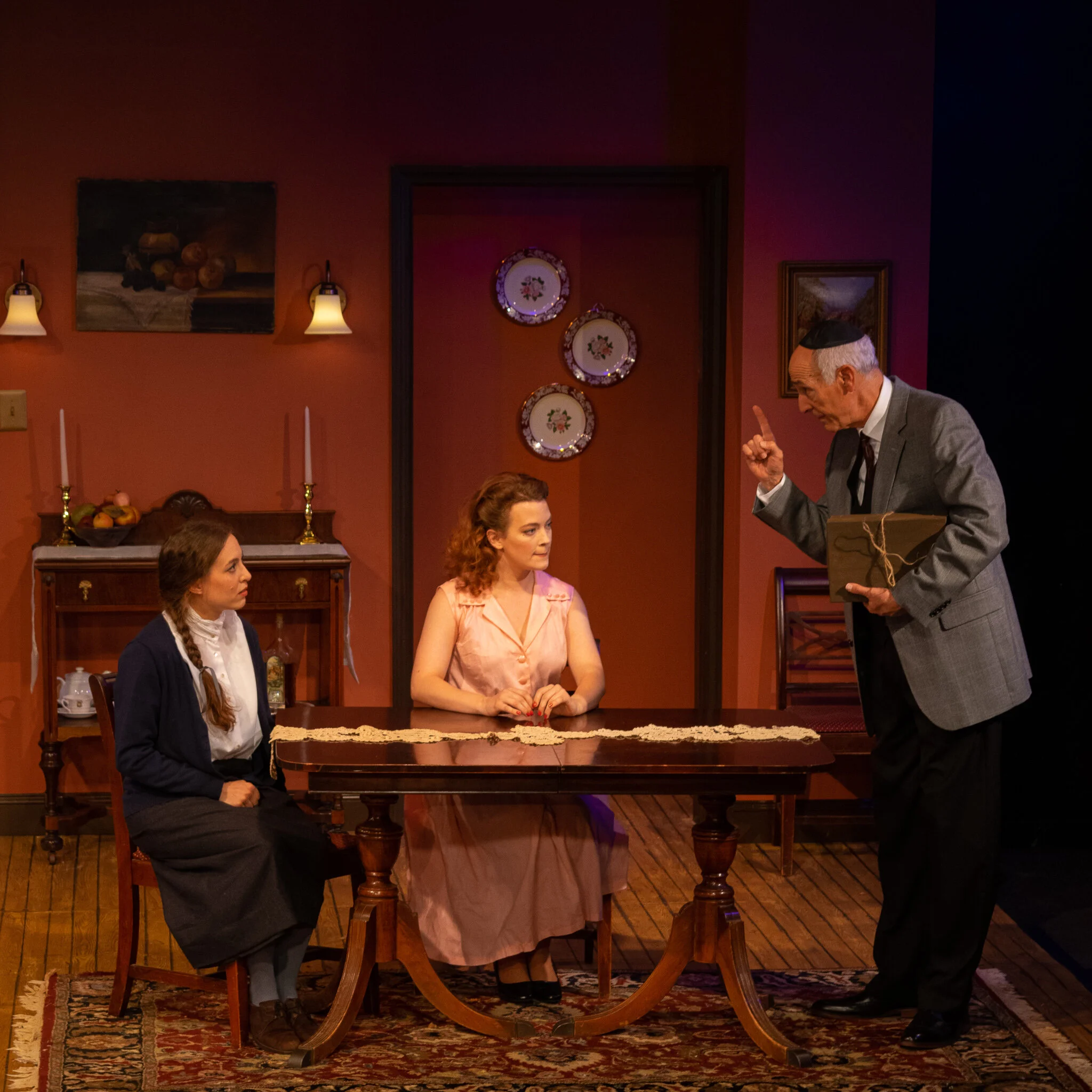 Lusia Pechenik (Katharina Schmidt), Rose Weiss (Laura Sudduth), Mordechai Weiss (Mitch Greenberg) in Playhouse on Park’s production of Barbara Lebow’s A Shayna Maidel (photo by Meredith Longo)