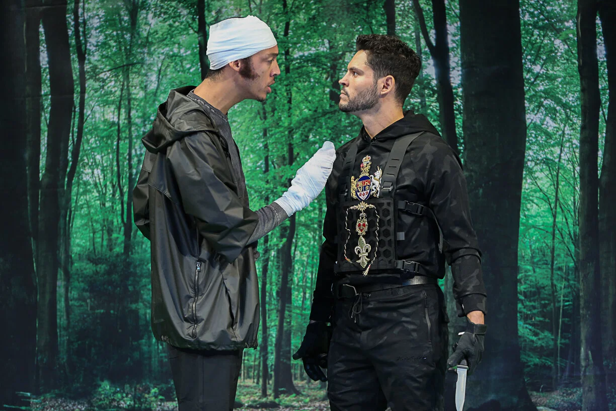 Don Carlos (Jordan Bellow), Don Alonzo (Bobby Roman) in Don Juan, Westport Country Playhouse (photo by Carol Rosegg)
