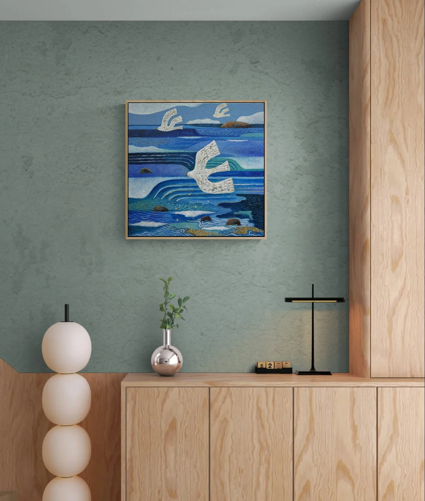 Natural wooden cabinet next to staircase.jpeg