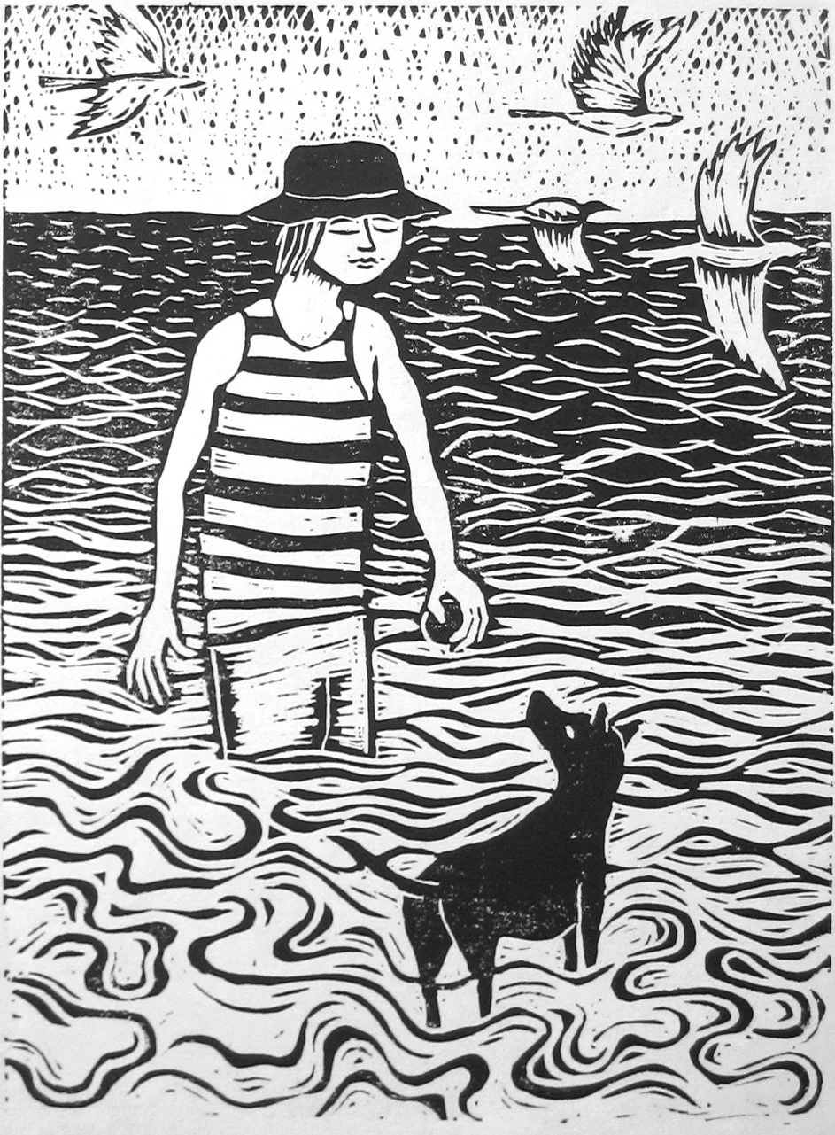 Beach Buddies.Linocut print. Limited Edition
