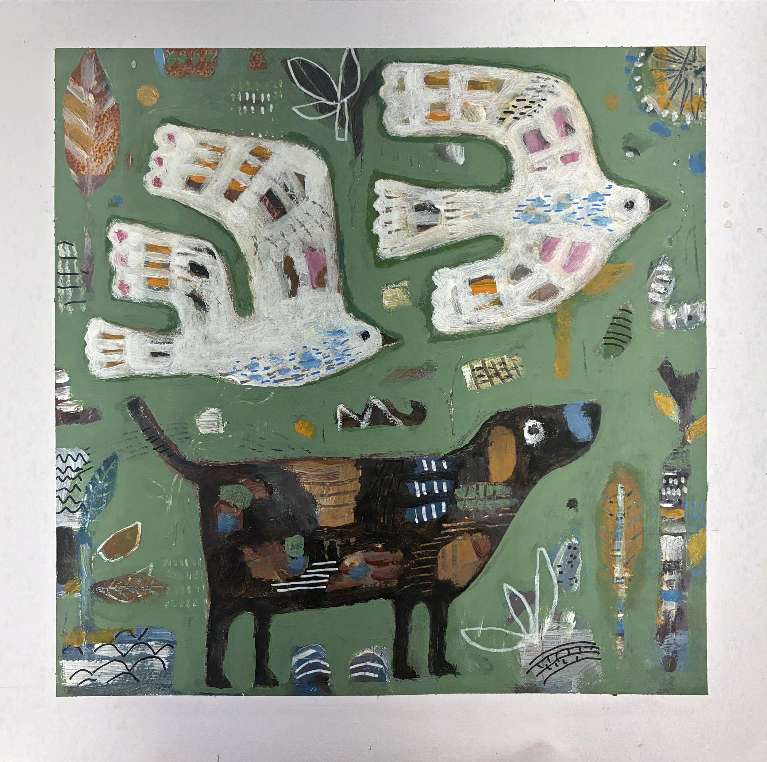 Two Birds and a Dog. Studio study, work on paper.