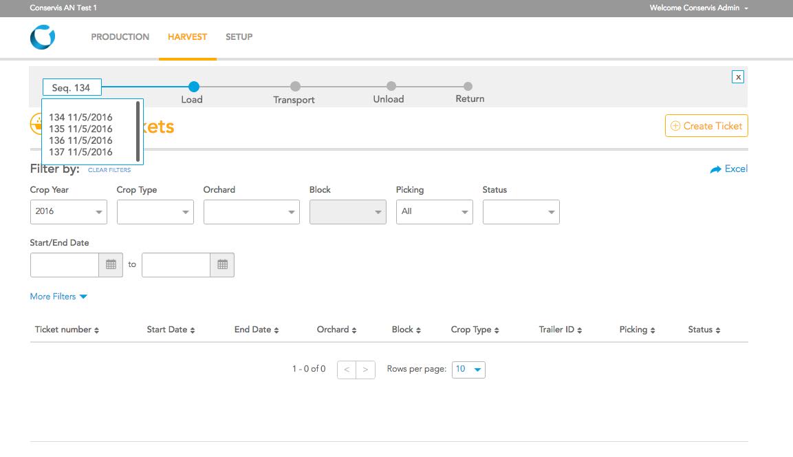 CONSERVIS / Perennials / Harvest Harvest is an important feature of Perennials, I helped crafted the database and developed the front end for field ticket activity tracking, completed with retooling how equipment, chemicals, and labors are tracked.