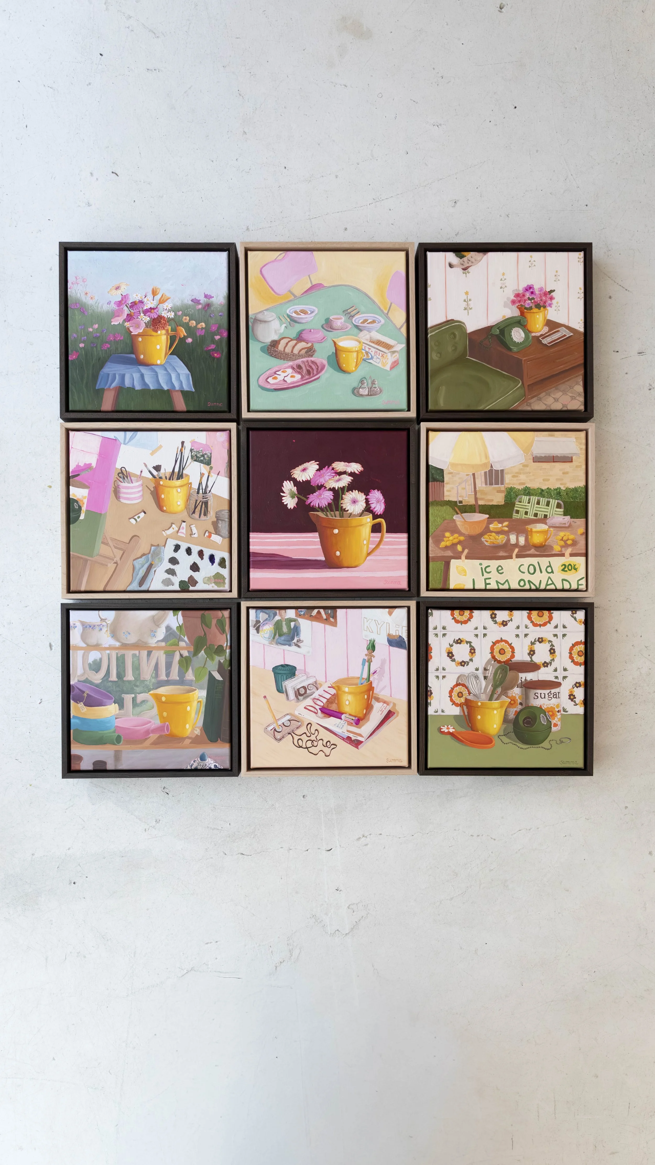 Nine small still-life paintings, part of a series called Adventures of The Little Yellow Jug