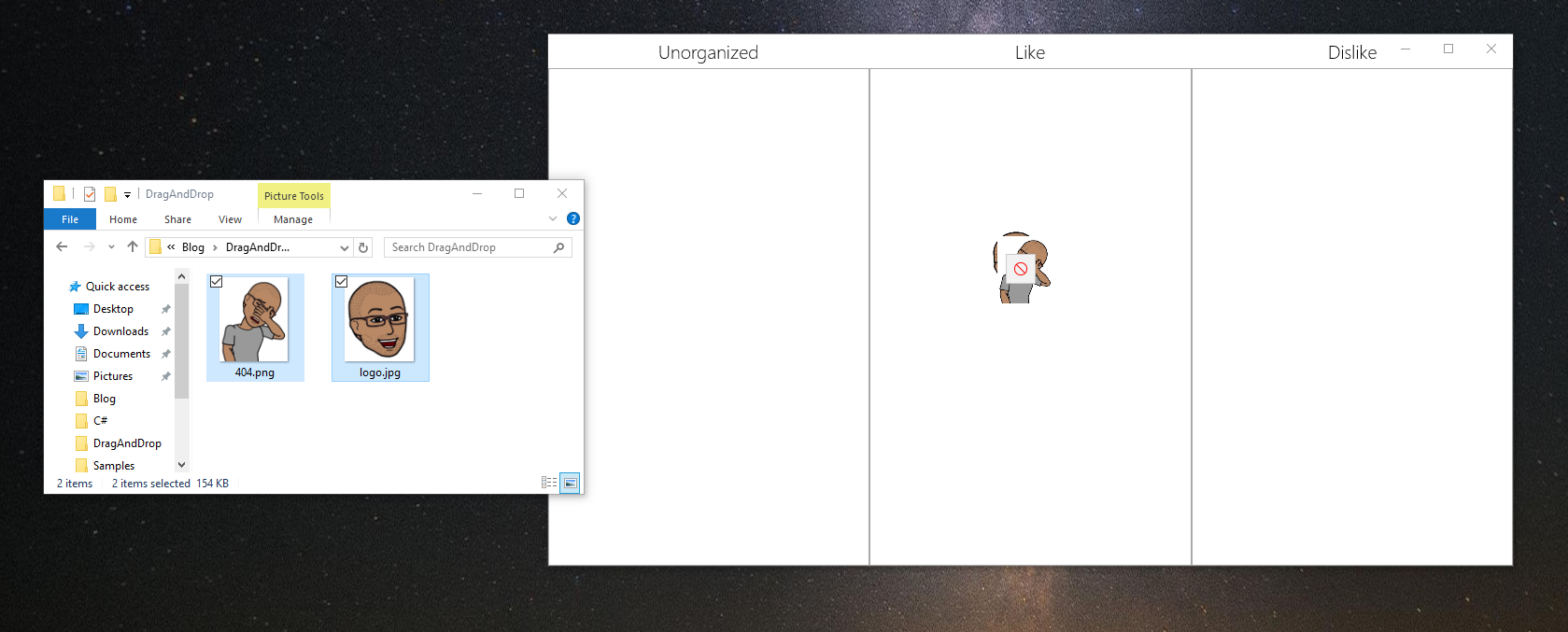 Fig 3. Dragging from Pictures folder to the Like column, the thumbnail shows a Not Allowed tooltop