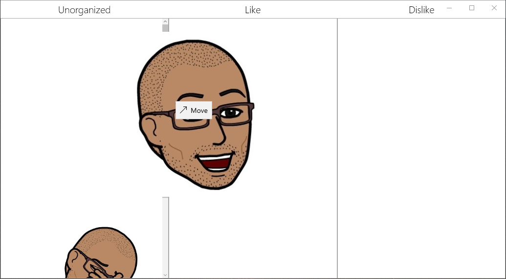Fig 5. Dragging from the Unorganized column to the Like column - they can move multiple items at once if they like