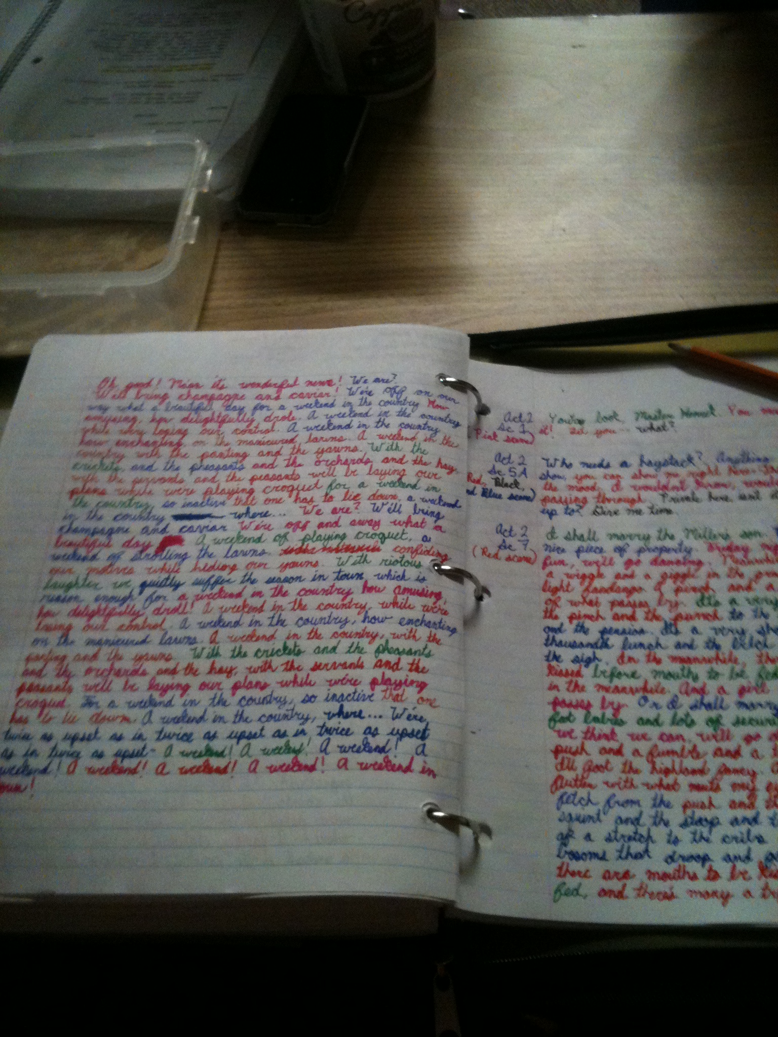 Some of my text work from A Little Night Music (more than I had ever done before or have done since- I colour coded every line to see which colour dominated the scene most (the colours were all assigned either a mood or a verb- I don't recall which one)