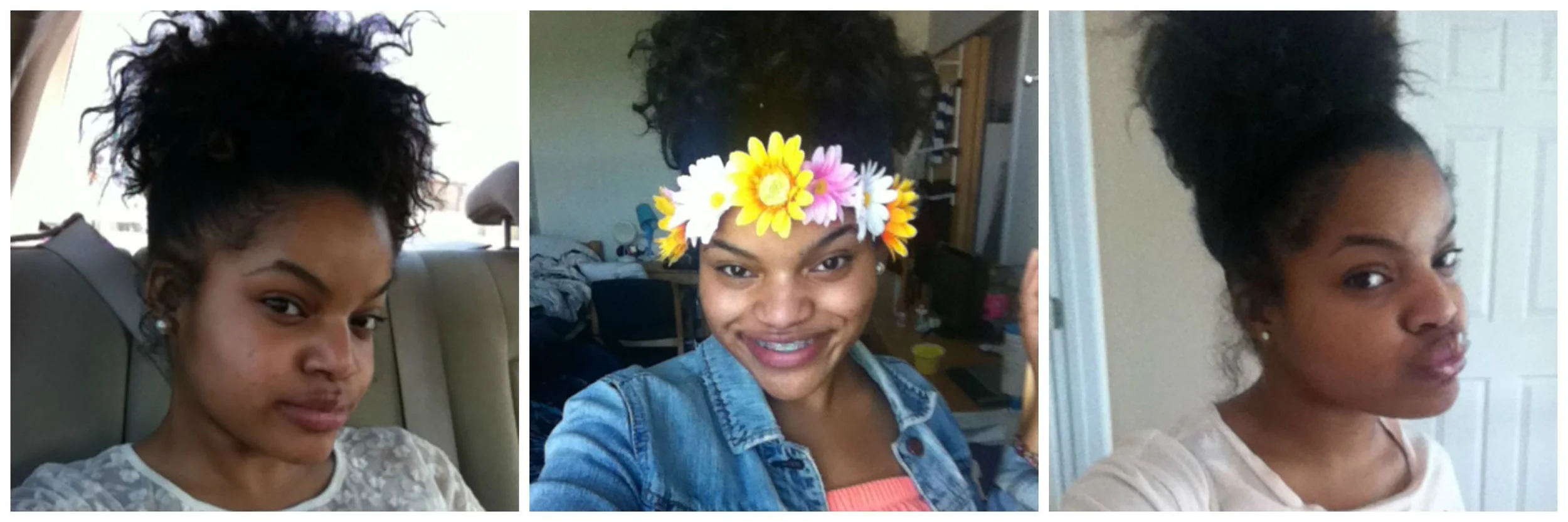 Left and Center: Rocking my version of a "puff" with a old flat twist and bantu knot out set. (2014) Right: Bun during transitioning ft. my duck lips. (2014)