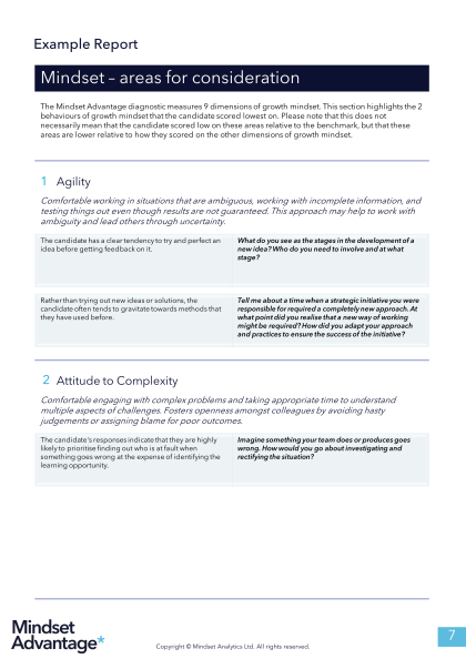 Example mindset areas report