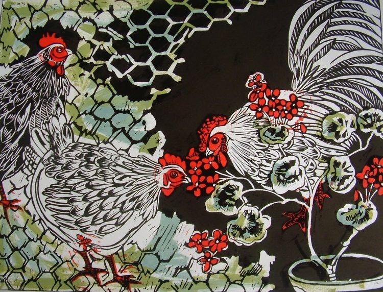   Curious Chickens- Curwin Press Lithograph from a Lino print  