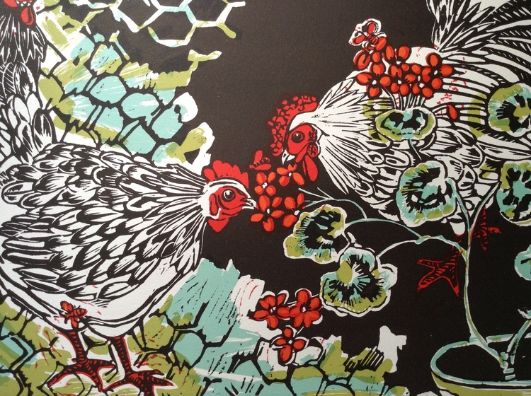   Curious Chickens- Curwin Press Lithograph from a Lino print  