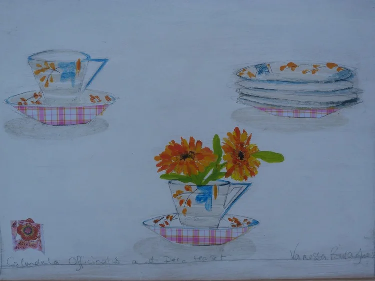   Calendula Officinalis and Deco Tea Set - Painting 