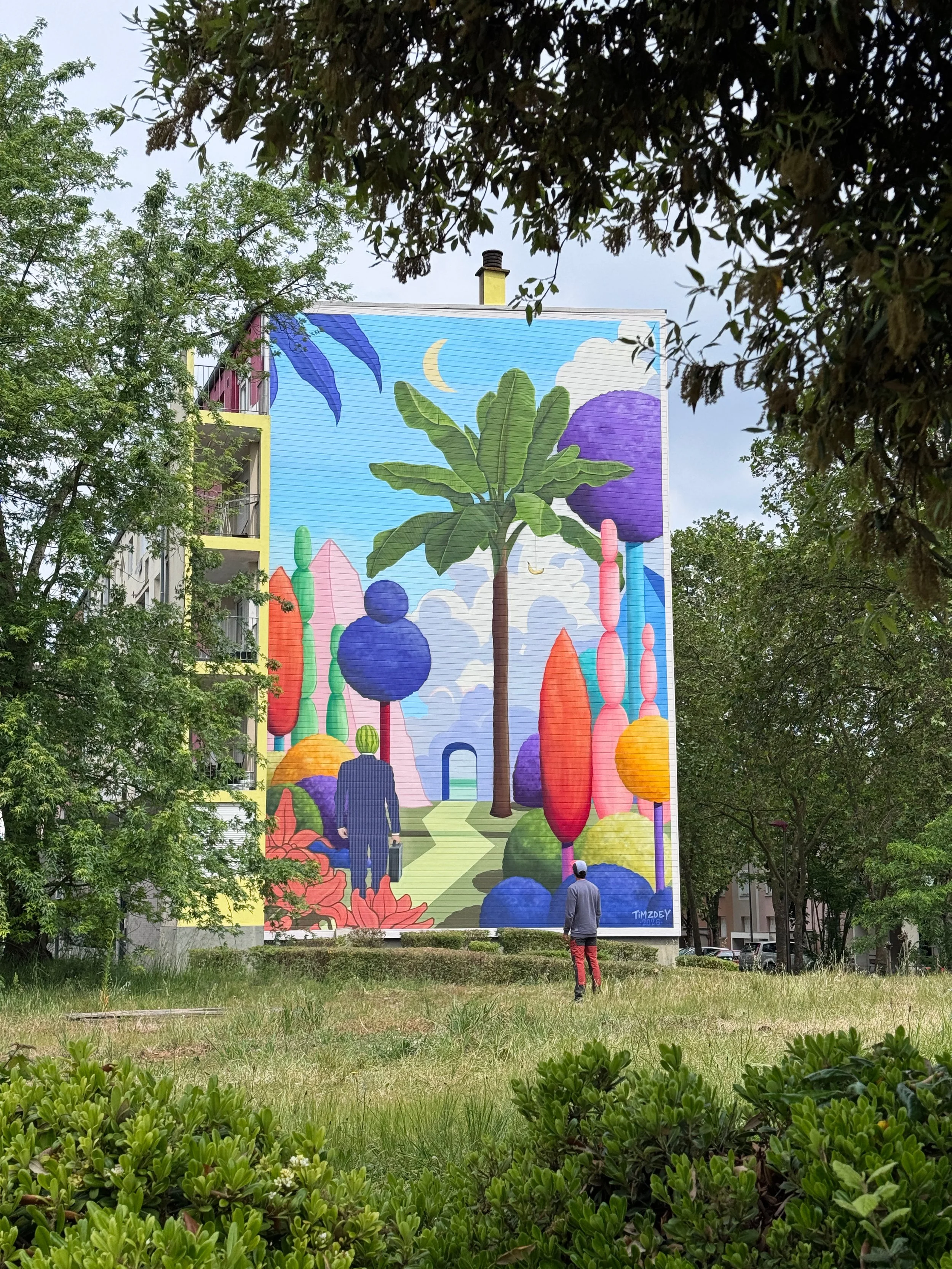 Fresque murale monumentale représentant un homme a tête de pastèque dans un monde surréaliste, un bananier, une porte dans les nuages.