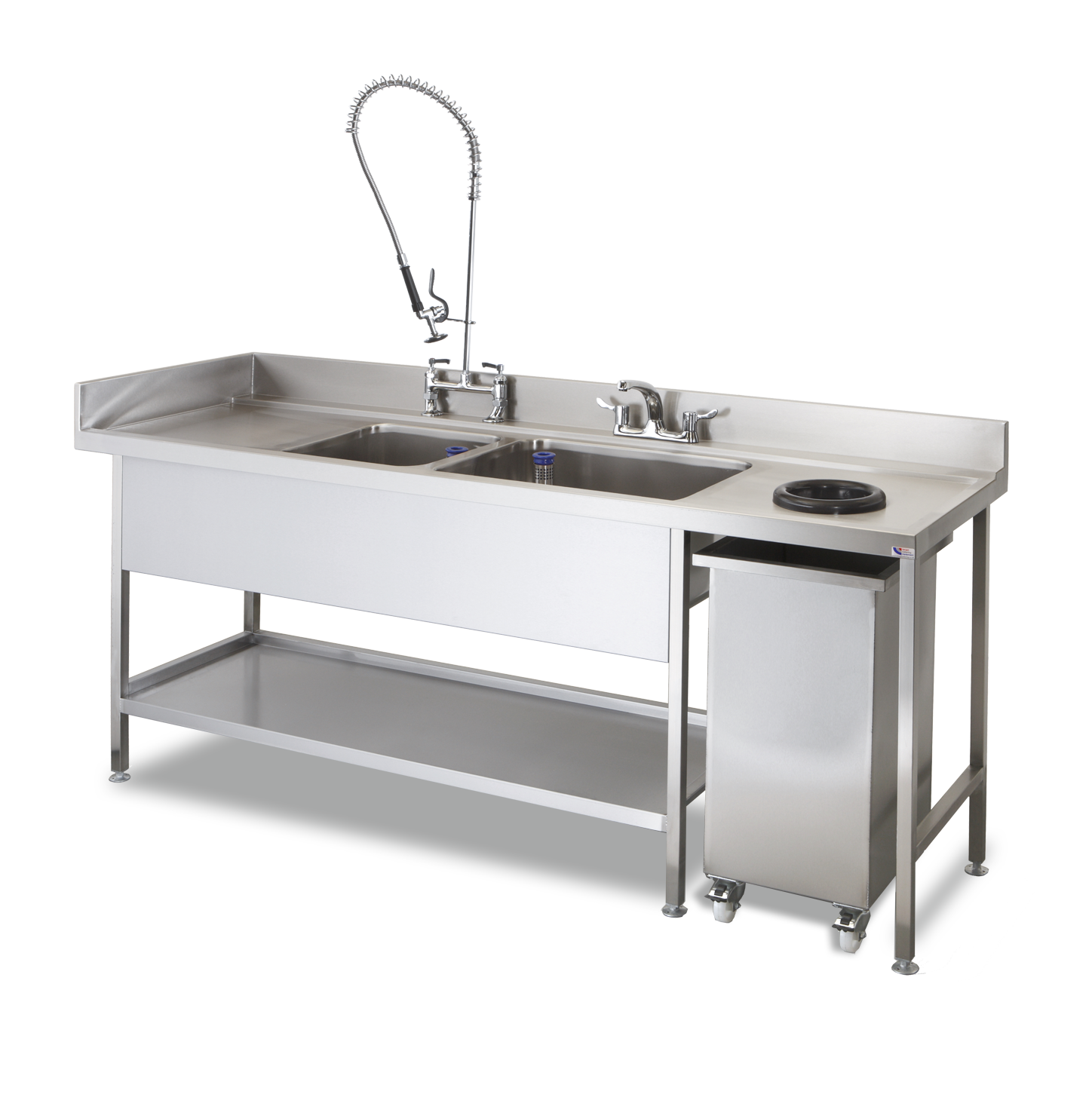 Commercial Stainless Steel Sink - Bespoke Double Bowl Sink with Prewash Spray Arm, Scrap Chute and Bin Under