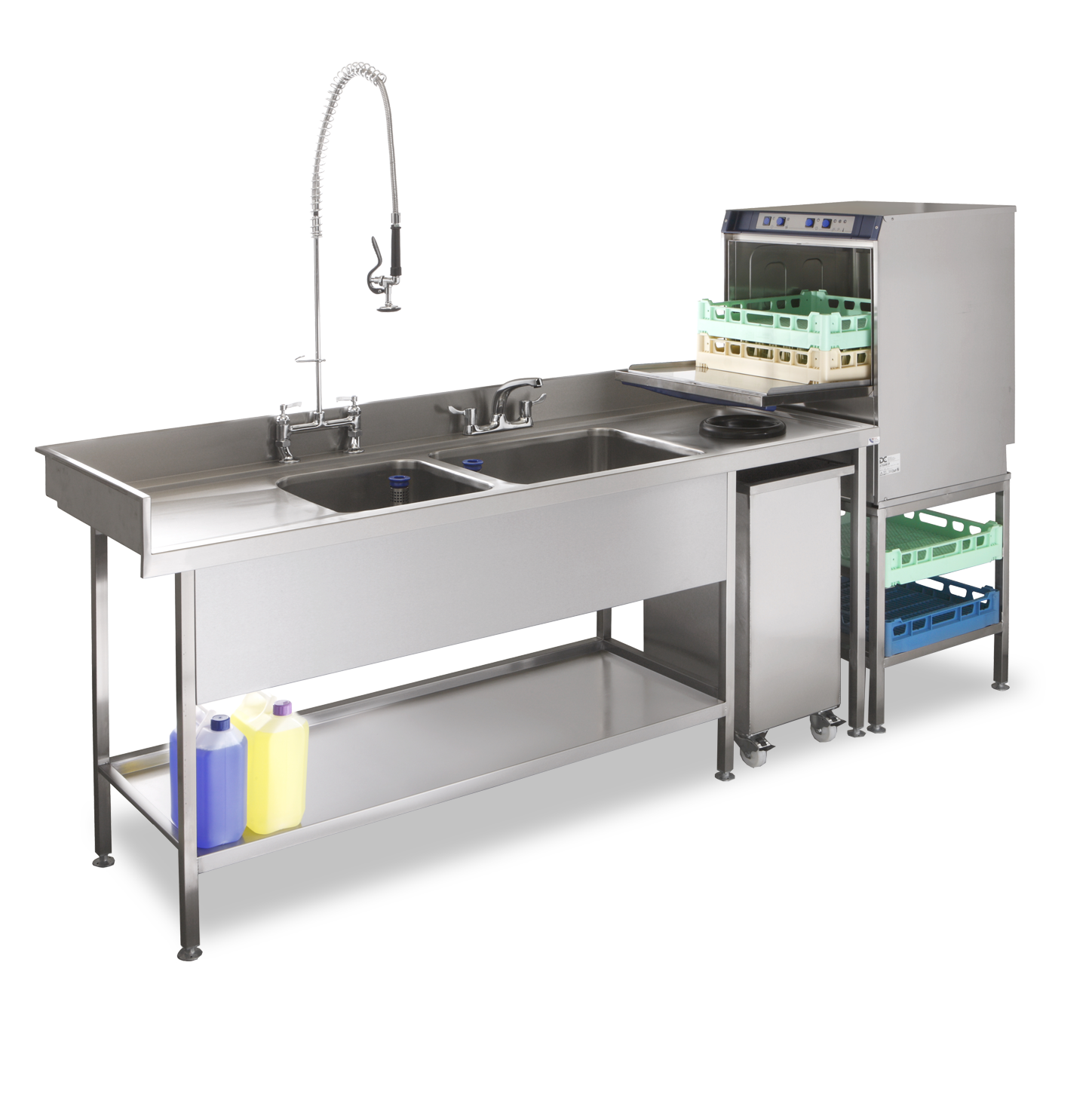 Commercial Stainless Steel Sink - Bespoke Double Bowl Sink with Pre-Wash Spray Arm, Scrap Chute and Bin to Suit Frontloading Glasswasher  