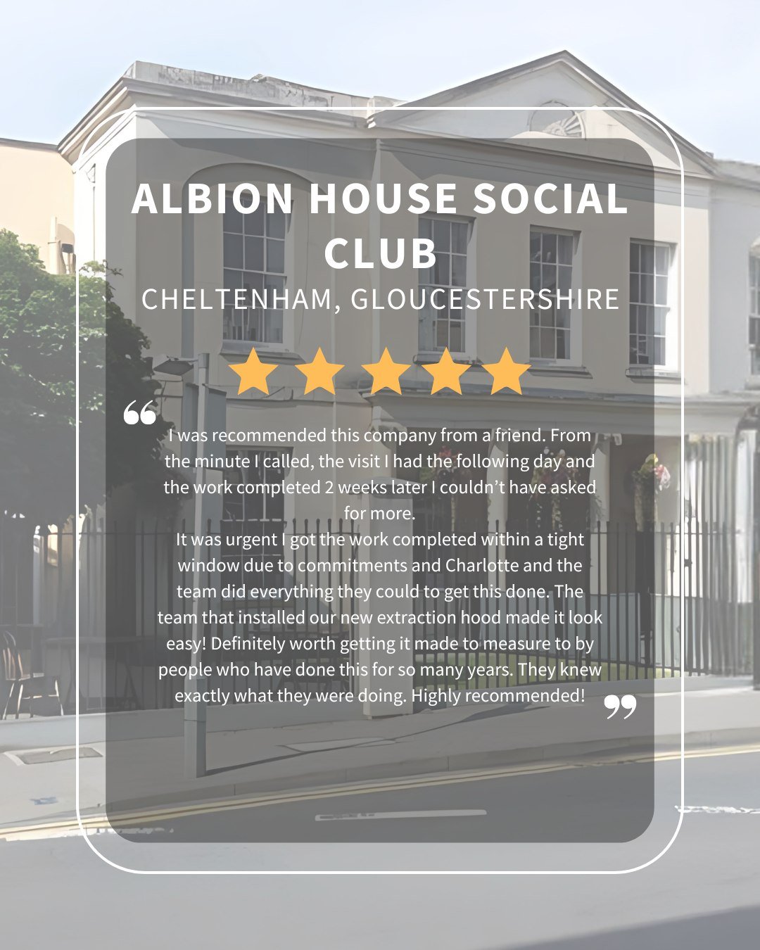 Another great Local review from the Albion House in Cheltenham! 🥂

Target 🎯 Extraction hood installation completed within two weeks! 🔥 Including an initial next-day site visit, 👷&zwj;♂️ made-to-measure solution 📐 and fully bespoke catering equip