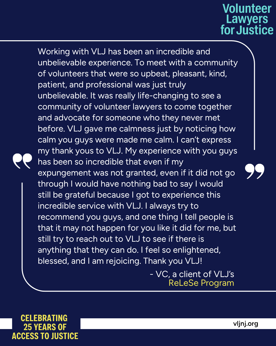 Client testimonial for Volunteer Lawyers for Justice