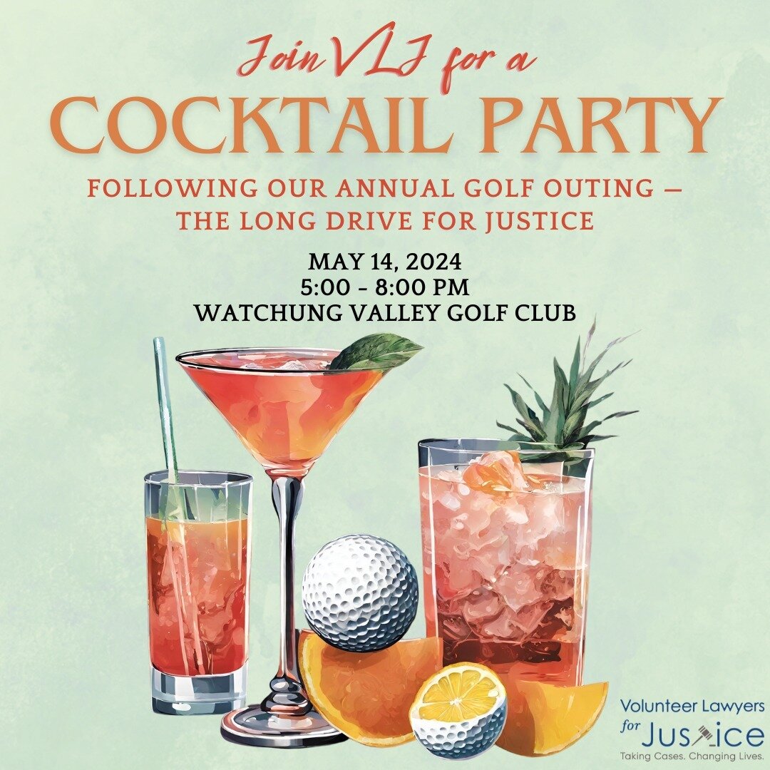 Volunteer Lawyers for Justice invites you to an exciting cocktail party taking place immediately following our annual golf outing, The Long Drive for Justice. On May 14 at @watchungvalleygc, join us for golf, networking, and a cocktail reception! 

G