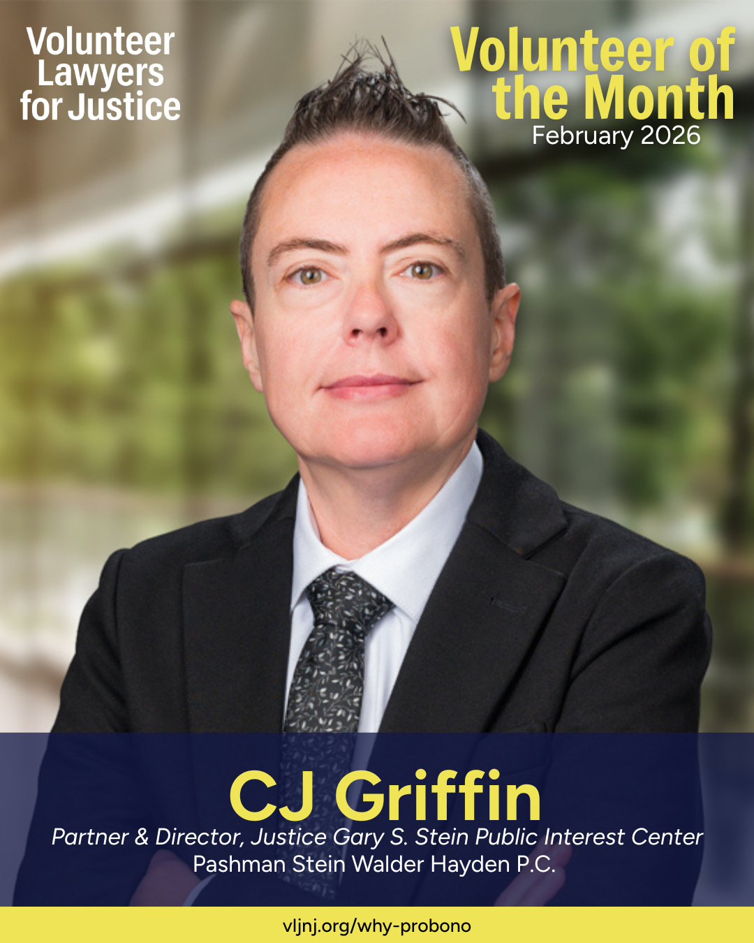 Professional portrait of CJ Griffin, Volunteer Lawyers for Justice's Volunteer of the Month for February 2026, dressed in a suit and tie with a blurred outdoor background.