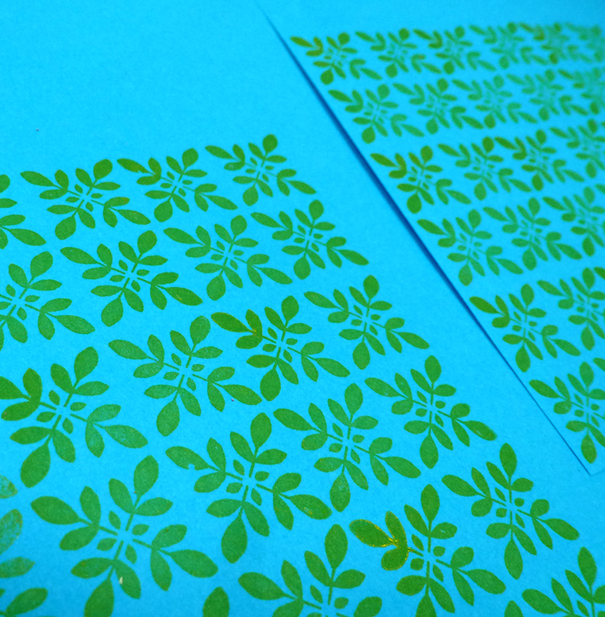 Endpapers printed with photopolymer stamp made from a hand drawn leaf pattern