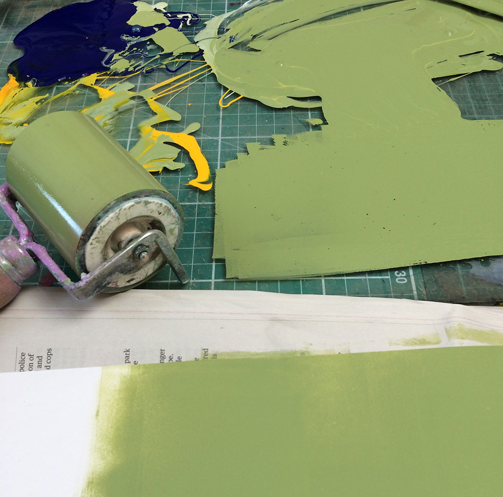 After a fruitless search for just the right green paper for a bellyband (to match the tobacco tin in which the book will sit) I decided to mix and roller my own colour. 