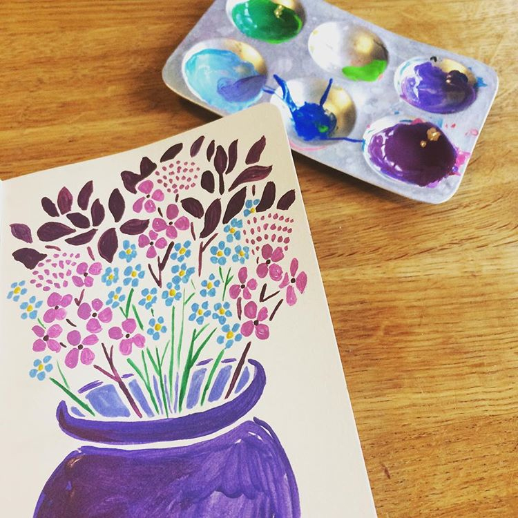 Small gouache painting of flowers on my kitchen table