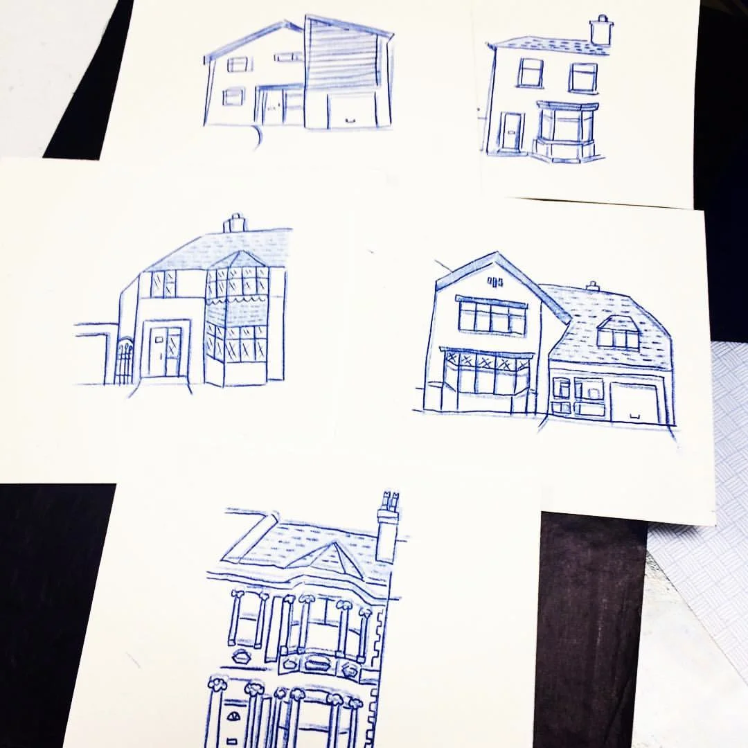 Carbon paper illustrations of my first five homes