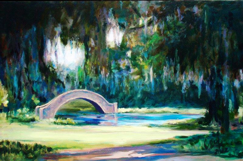 BRIDGE IN CITY PARK, acry"lic on canvas. 24" X 36
