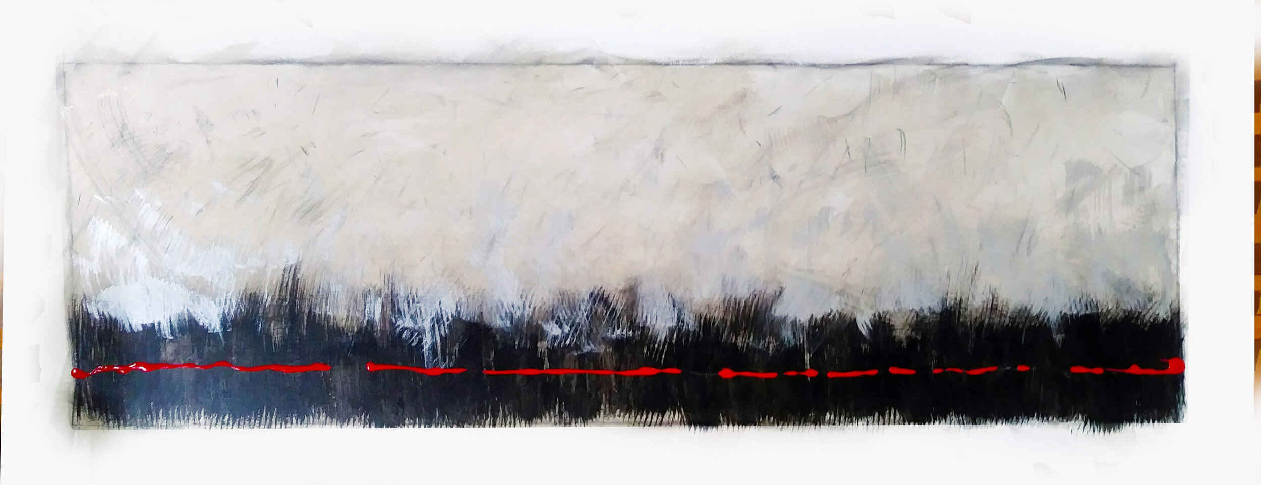 RED LINE - BLACK SURFACE, acrylic on canvas, 18" X 60'"