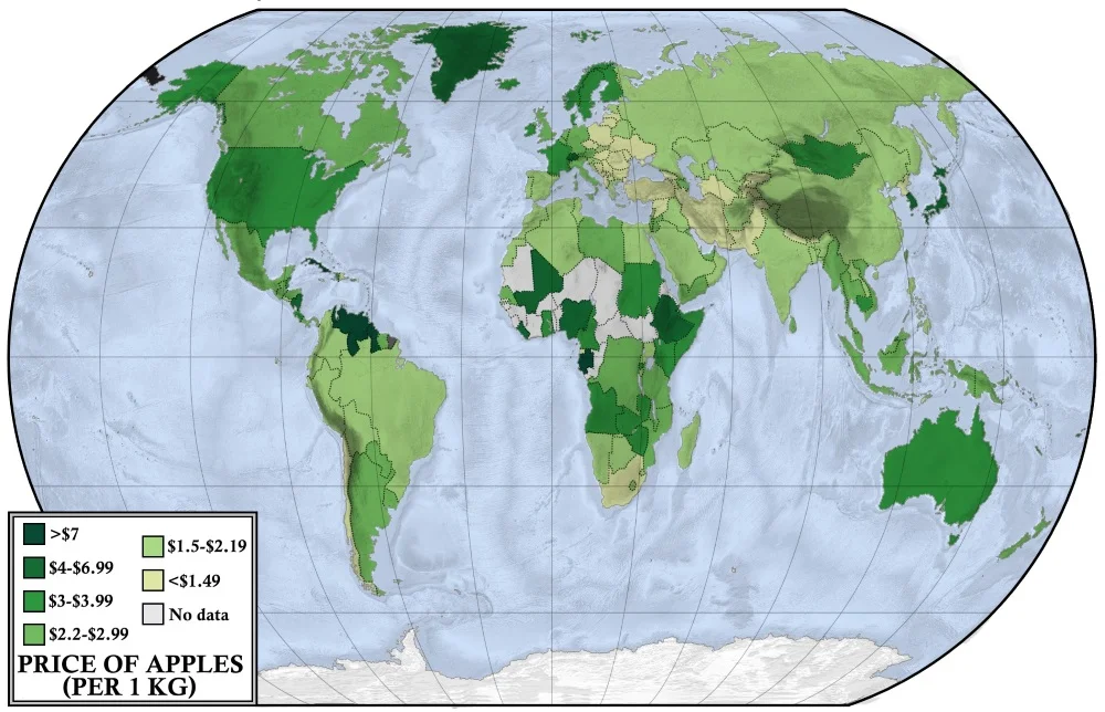 Map showing the average price of a standard cinema ticket throughout the world.