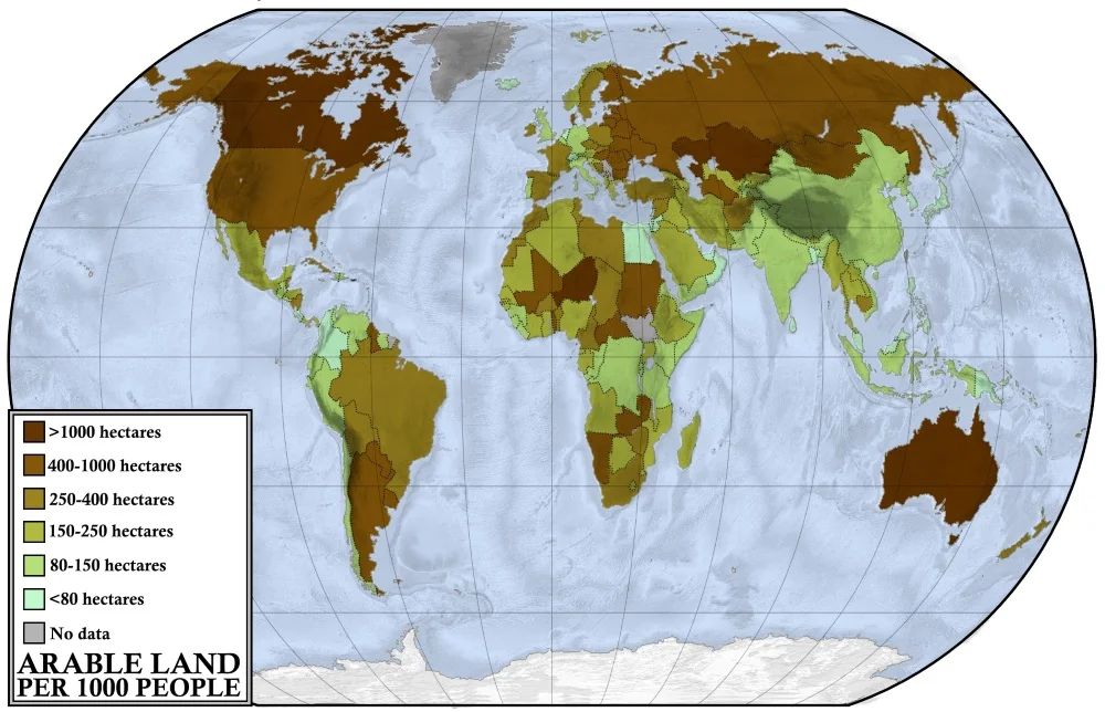 Map showing the amount of arable land in hectares(1 hectare = ±2.5 acres) per capita throughout the world.