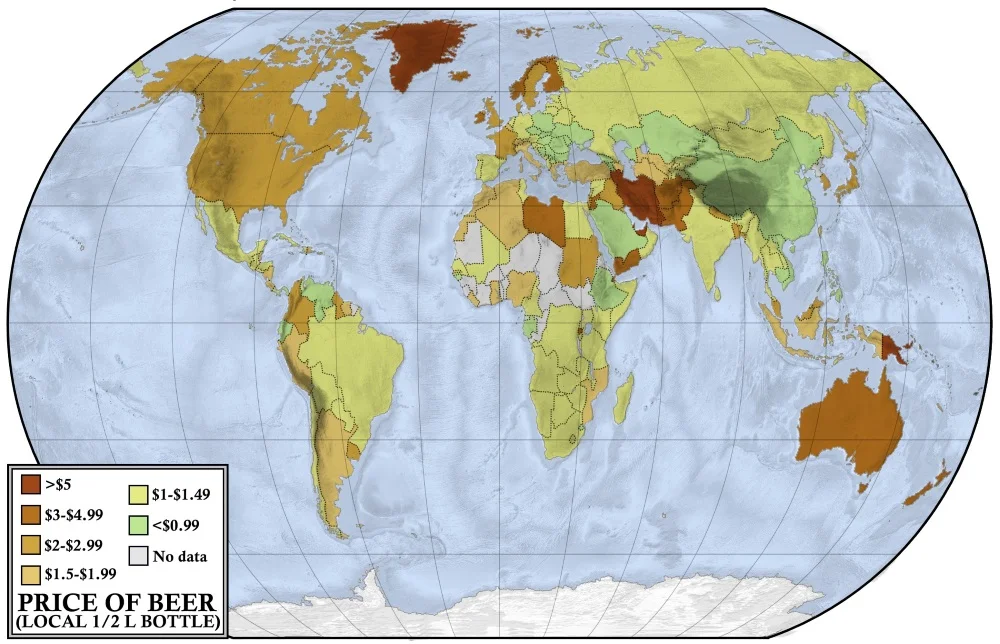 Map showing the average price of local 1/2 l bottle of beer (±1 pint) throughout the world.