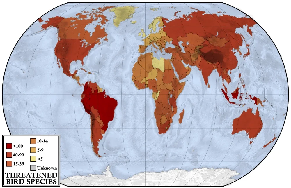 Map showing the number of threatened (vulnerable, endangered or critically endangered) mammal species by country.