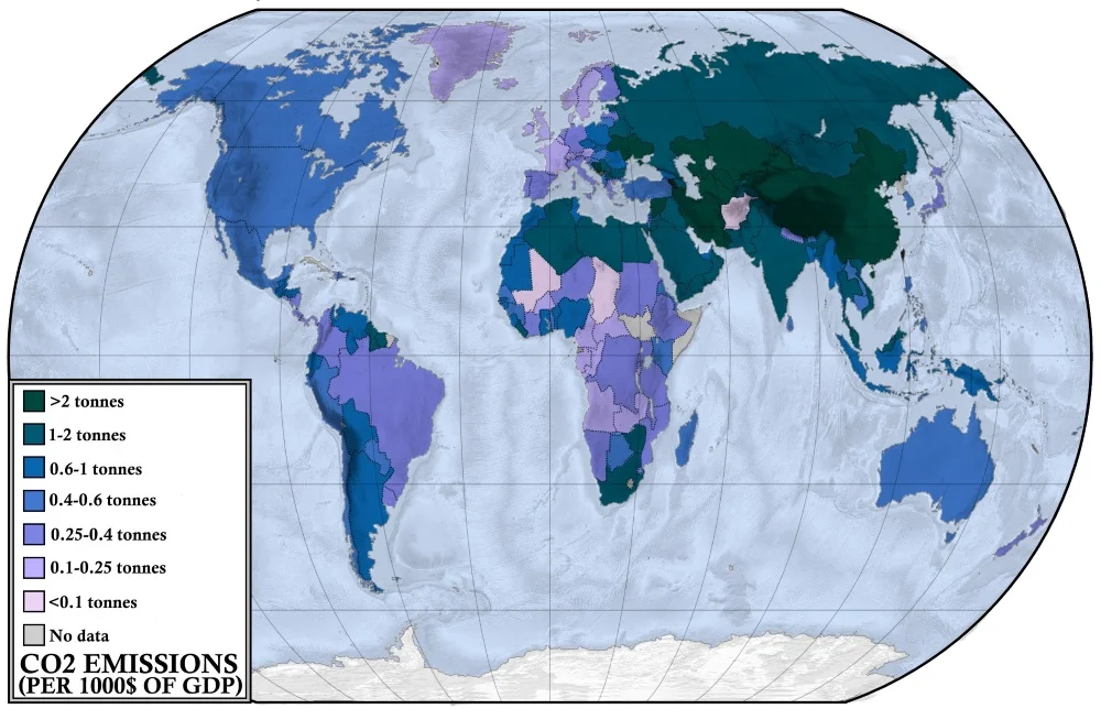 Map showing the average annual CO2 emissions per 1000$ of GDP throughout the world. In the darker countries, industrial sector forms a much larger part of the economy when compared to the lighter ones.