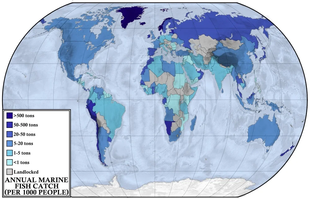 Map showing the annual marine (sea, ocean) fish throughout the world. Freshwater fish catch was not included in the statistic.