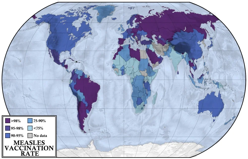 Map showing the measles vaccination (immunization) rates throughout the world. When rates of vaccination within a population are greater than 93% outbreaks of measles typically no longer occur.