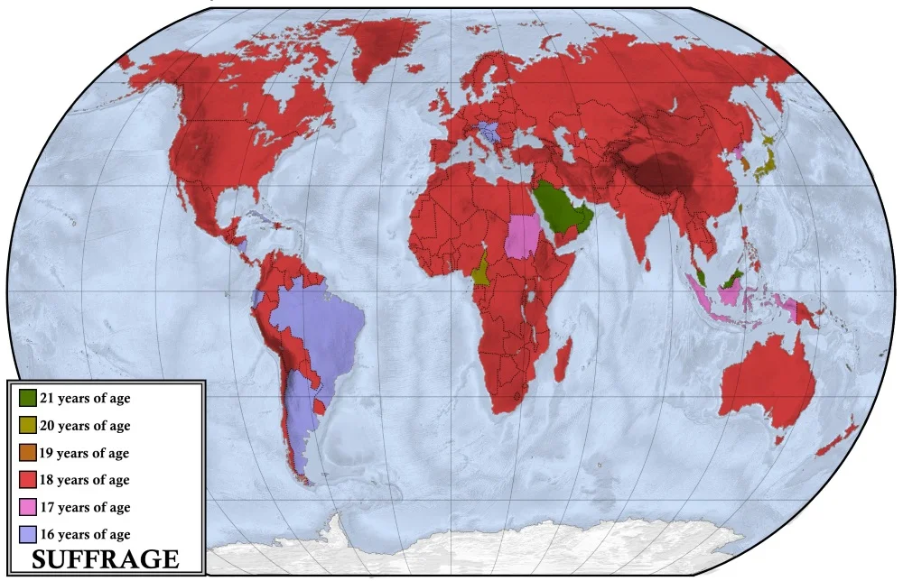 Map showing the minimum age of suffrage (right to vote) throughout the world.