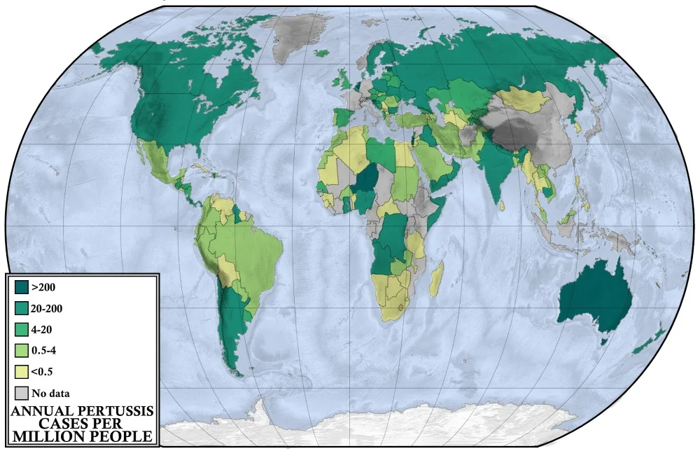 Map showing the average annual cases of pertussis (whooping cough) throughout the world. An estimated 16 million people worldwide are infected per year.