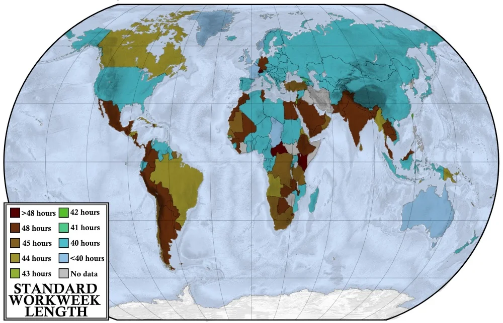 Map showing the length of a standard workweek throughout the world.