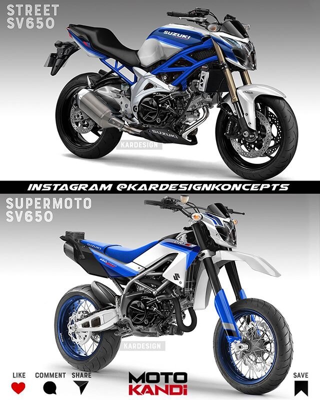 Street or Supermoto?
.
Which SV650-powered Suzuki for you?
.
Extra livery @motokandi .
.

#kardesignkoncepts #supermoto #sportsbike #conceptbike #streetbike #suzukilovers #wheeliewednesday #braap #motorcycle #vtwin #bikestagram #suzukimotorcycle #201