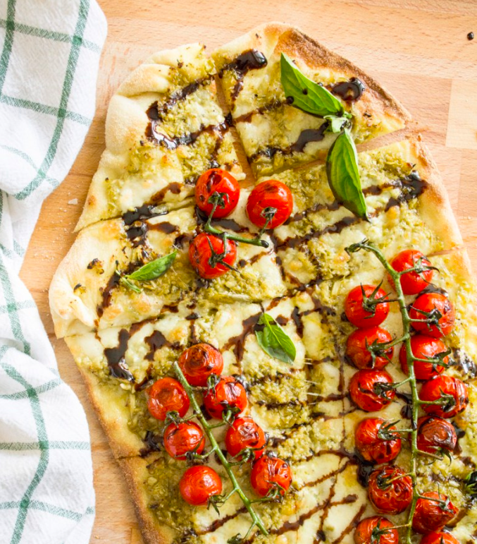 Caprese Pizza with Garlic Scape Pesto