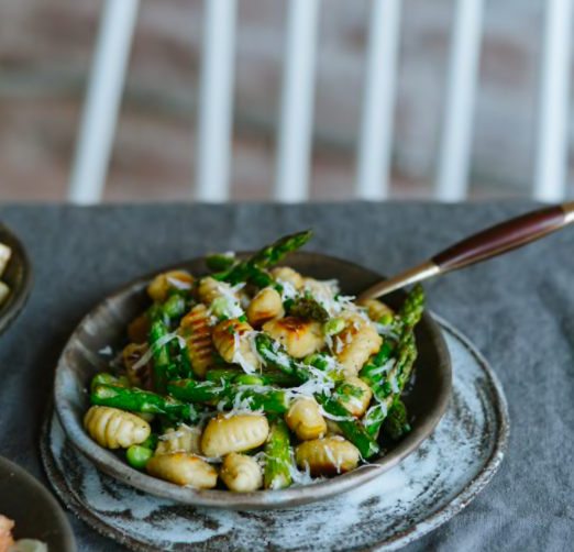 Gnocchi with Asparagus, Edamame + Parm