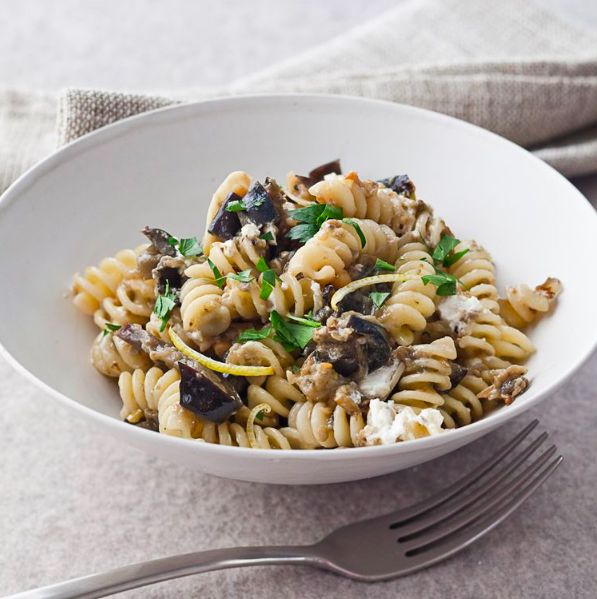 Fusilli with Roasted Eggplant + Goat Cheese