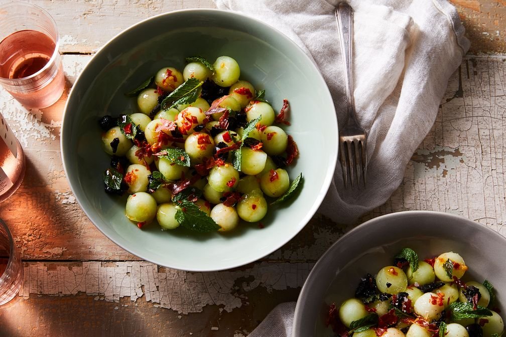 Honeydew with Prosciutto, Olives + Mint