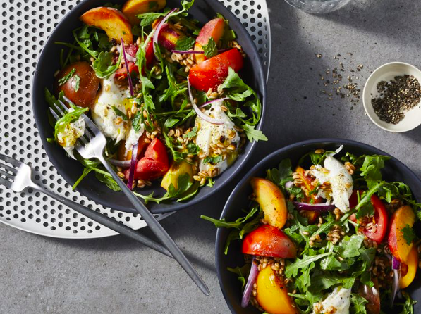 Peach, Tomato, Fried Farro Salad w Burrata