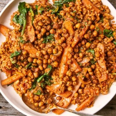 Farro with Carrots, Preserved Lemon, and Crispy Chickpeas